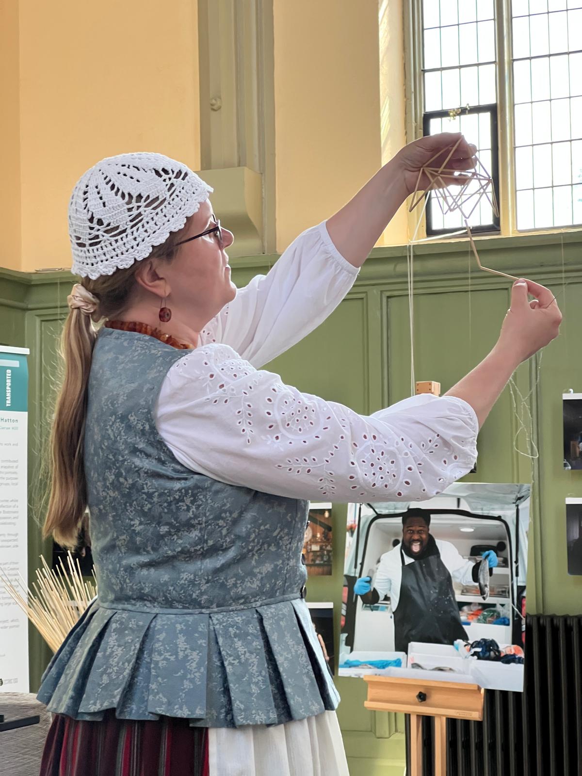 Participants creating embroidery and textile crafts during a community workshop at Fydell House, part of a family friendly arts project in Boston Lincolnshire.