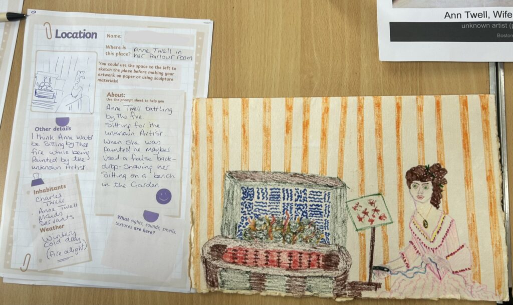 A completed creative worksheet and a stitched textile artwork are displayed side by side on a table. The textile piece depicts a seated figure beside a fireplace against a striped background, inspired by a historical portrait.