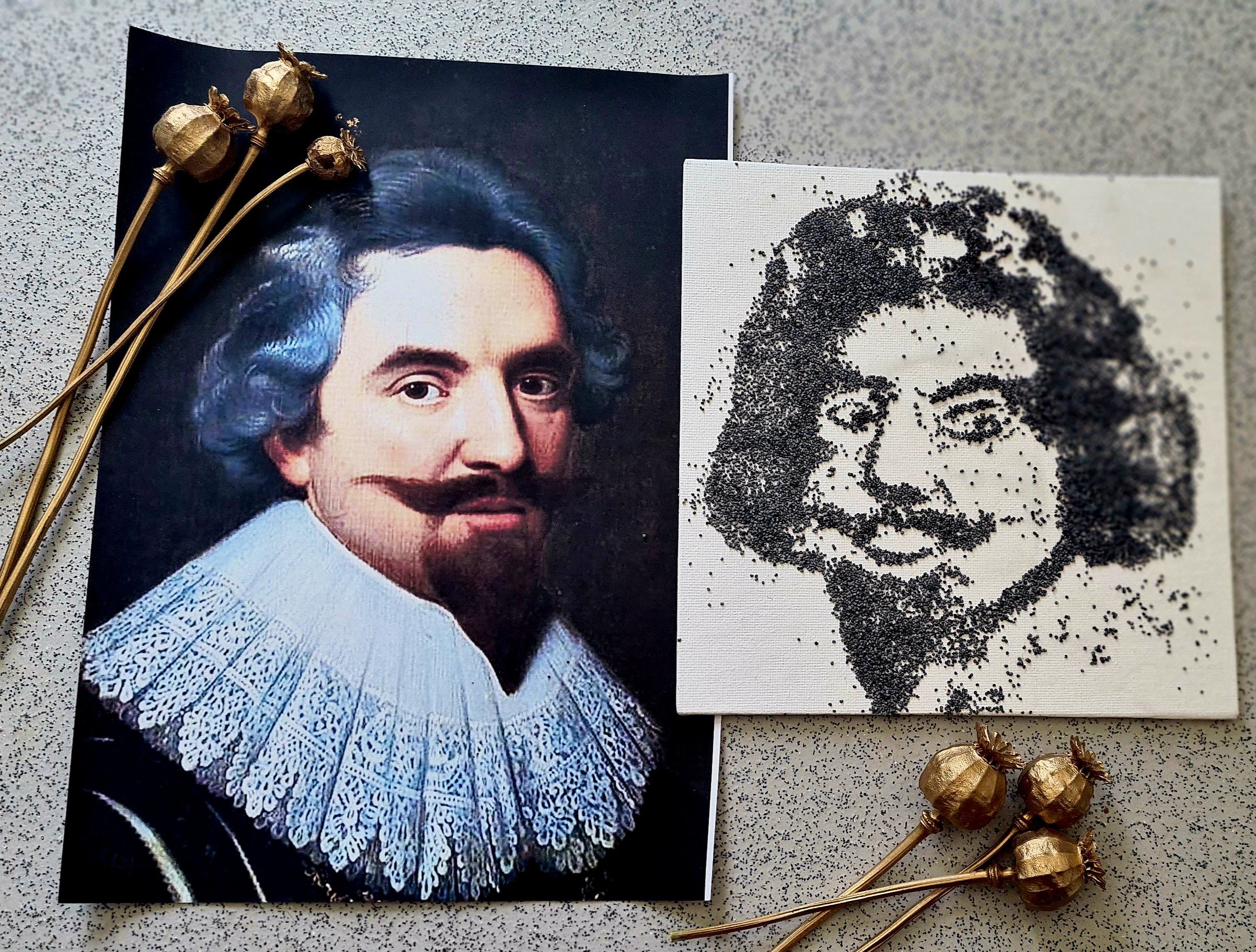 A historical portrait of a figure in a lace collar is shown alongside a seed portrait created with tiny black seeds on canvas. Dried poppy seed heads are arranged around the artwork, highlighting the materials used.