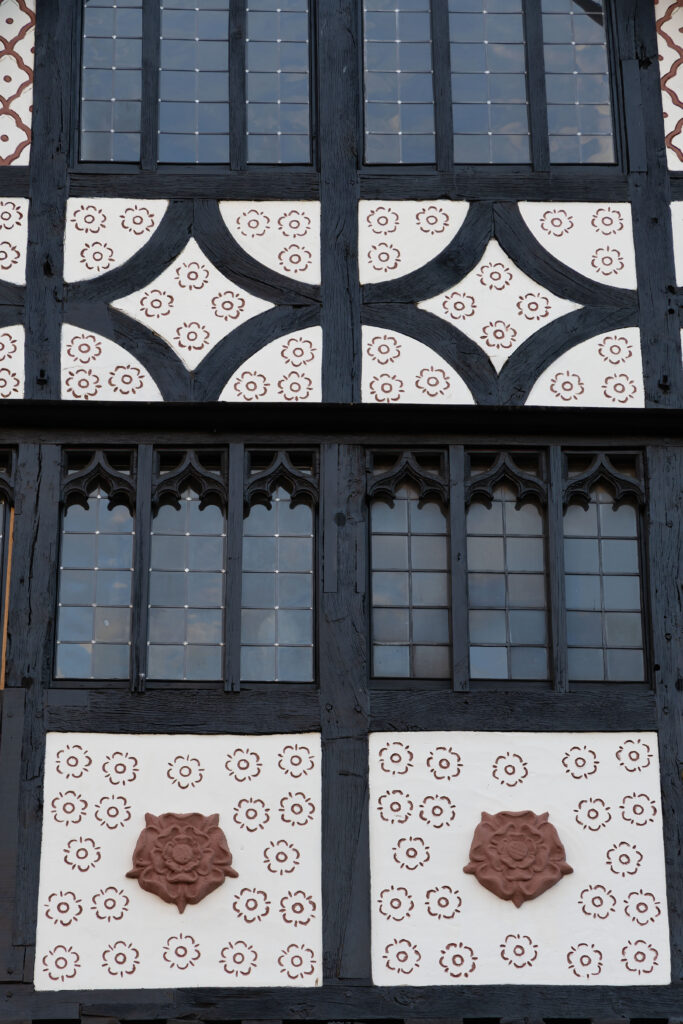 Close up image of Shodfriars Hall's Tudor-esque exterior