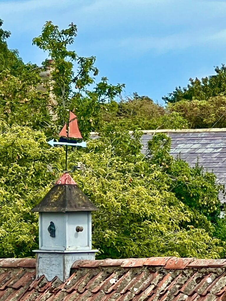 A boat-shaped weather vain above a building with trees behind it