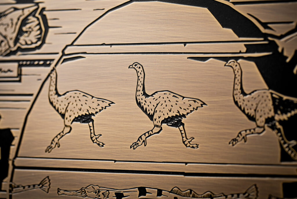 A close up of a the Cabinet of Curiosities brass plaque on the artefact, featuring a vase with an emu zoetrope design