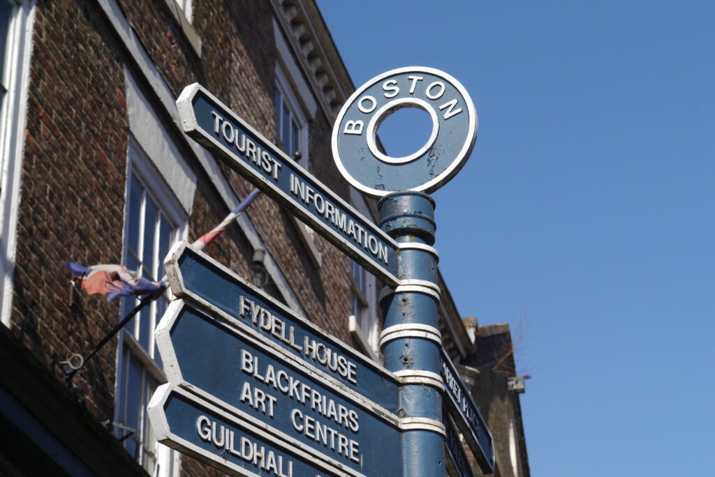 Low angle close of up of a street finder sign in Boston, Lincolnshire