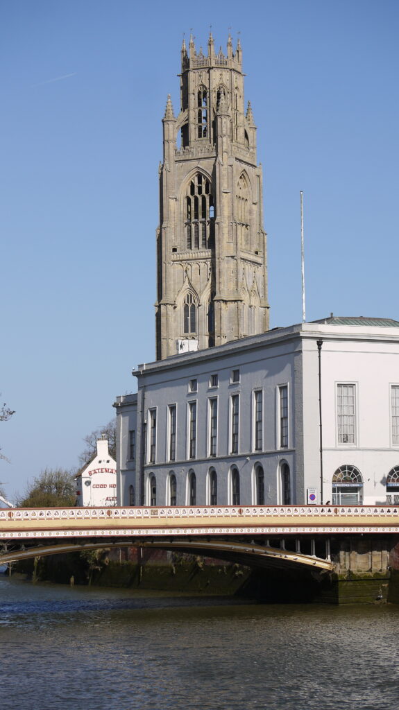 Wide shot view of St Botolph's tower, Assembly Rooms and bridge