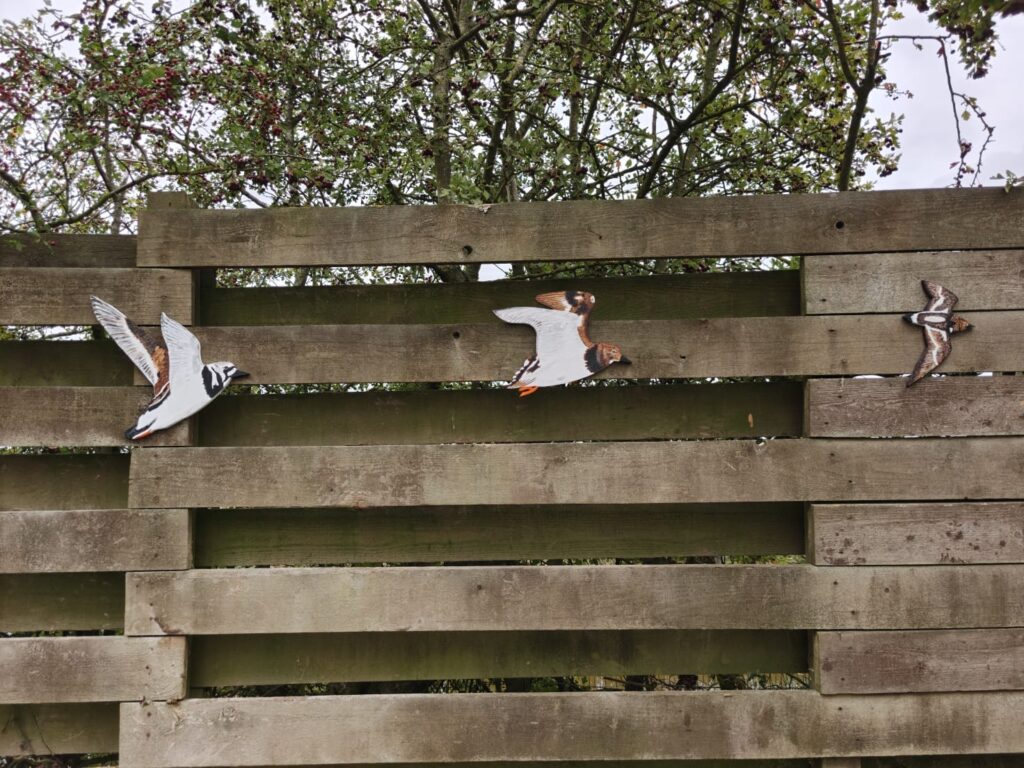 3 bird-shaped wooden waymarkers are fixed to a wooden pallet