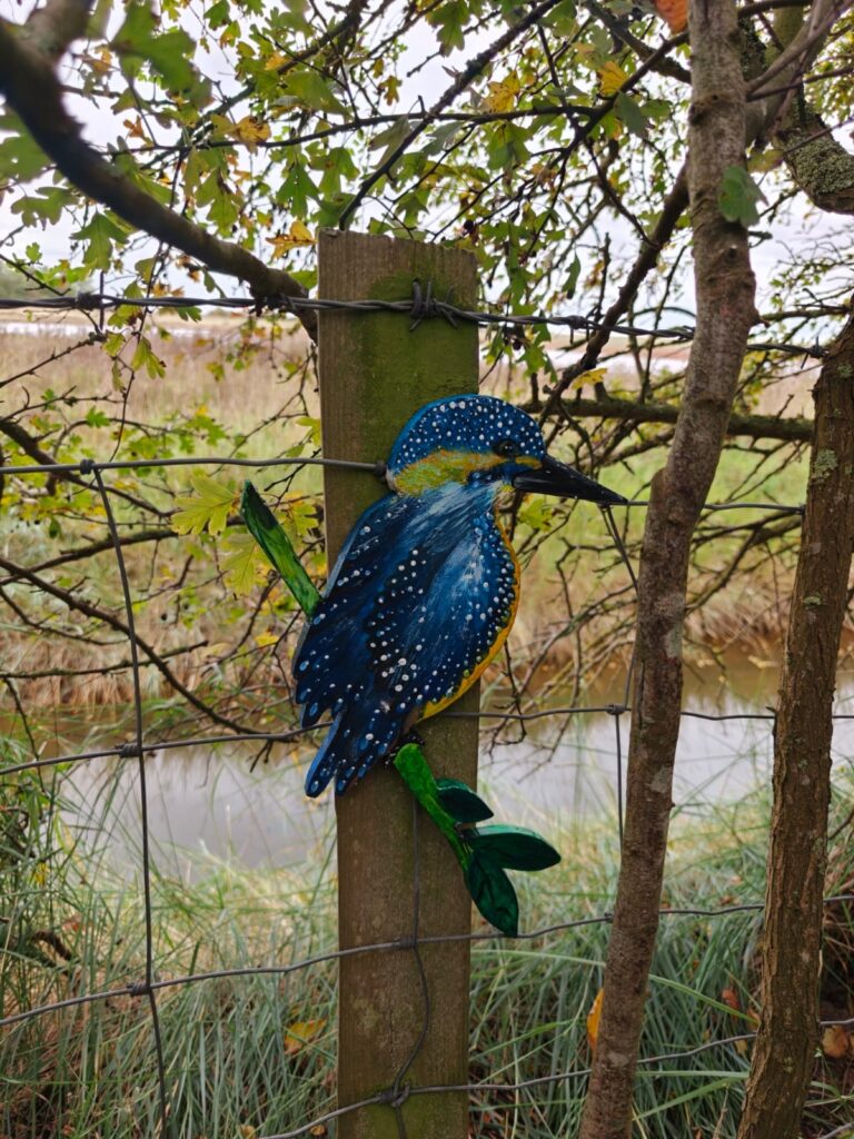 Hand-painted kingfisher waymarker installed beside a wetland path at RSPB Freiston Shore Nature Reserve.