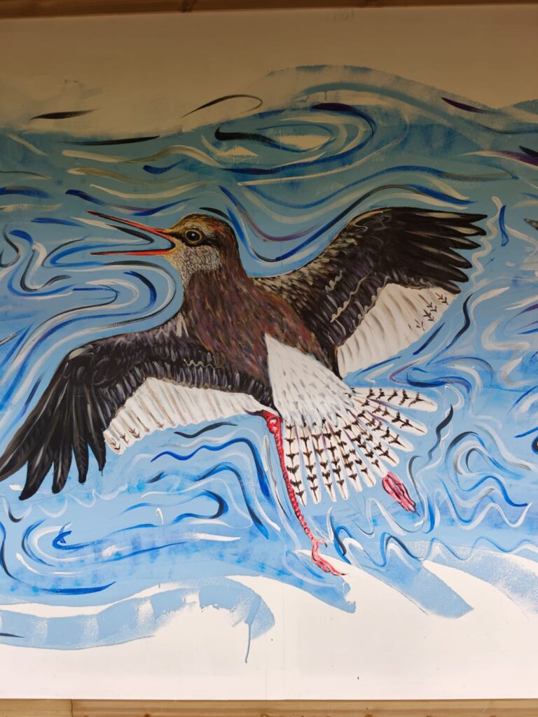 Detail of the Flyways Mural depicting coastal and wetland birds swimming and flying through swirling blue water.