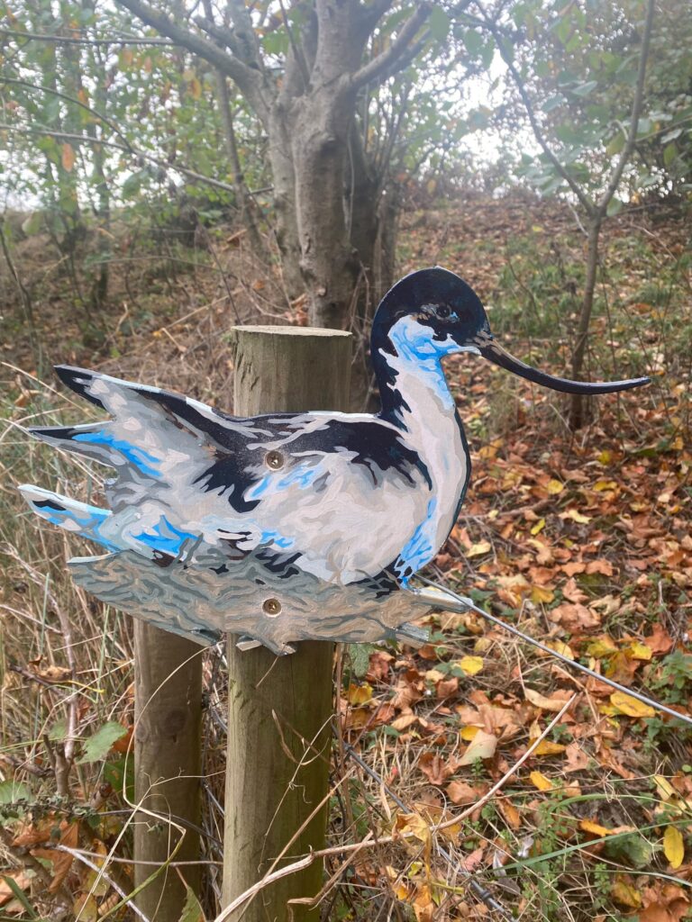 Hand-painted avocet waymarker installed beside a wetland path at RSPB Freiston Shore Nature Reserve.