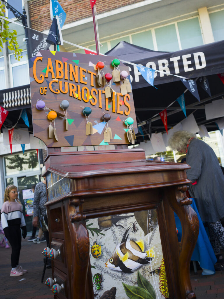Image of the Cabinet of Curiosities, in front of arts organisation Transported's gazebo. The cabinet is made of dark wood, ornate carvings, decorative handles and colourful artwork featuring fish on the front